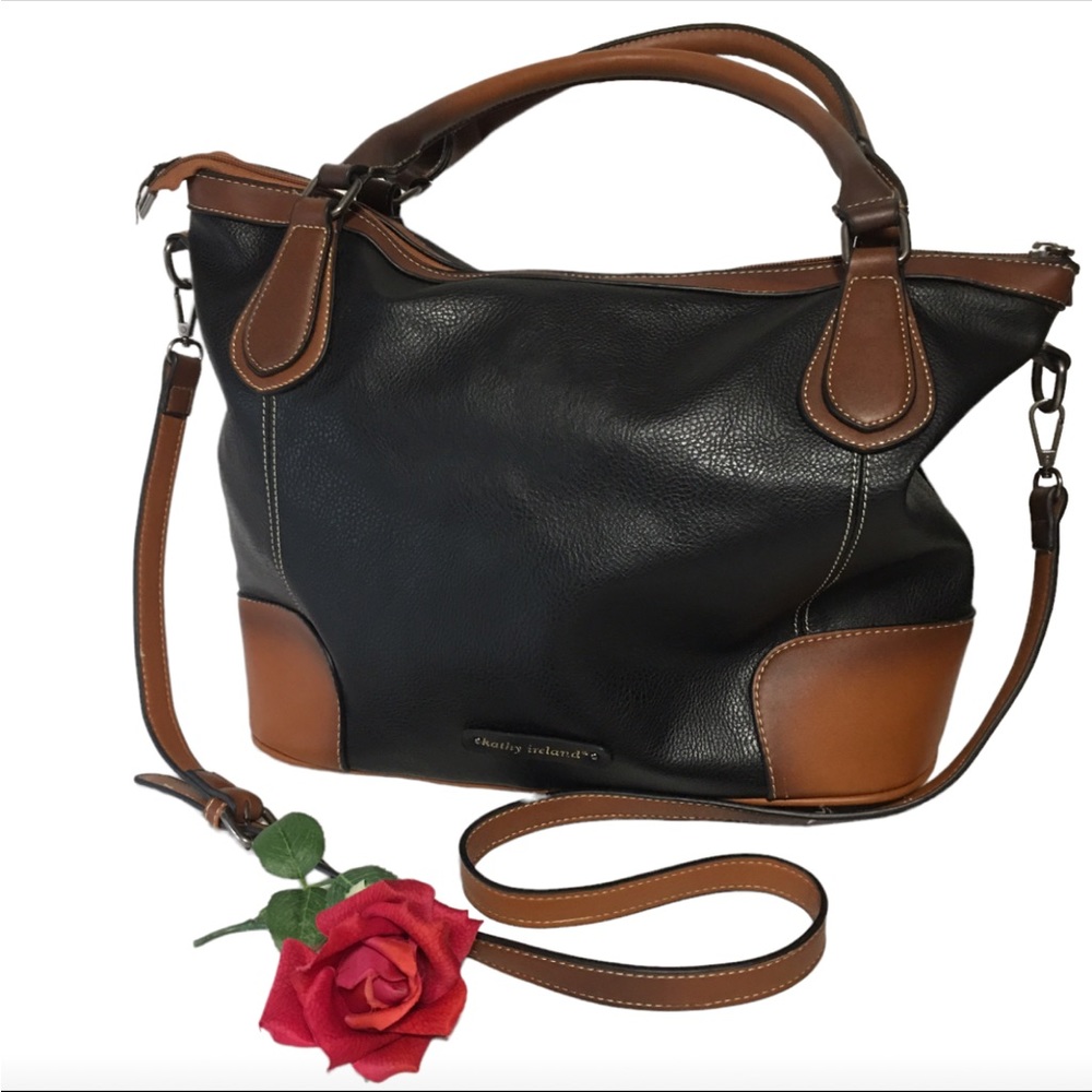 Kathy Ireland Cross body satchel shoulder bag pebbled black & tan EUC